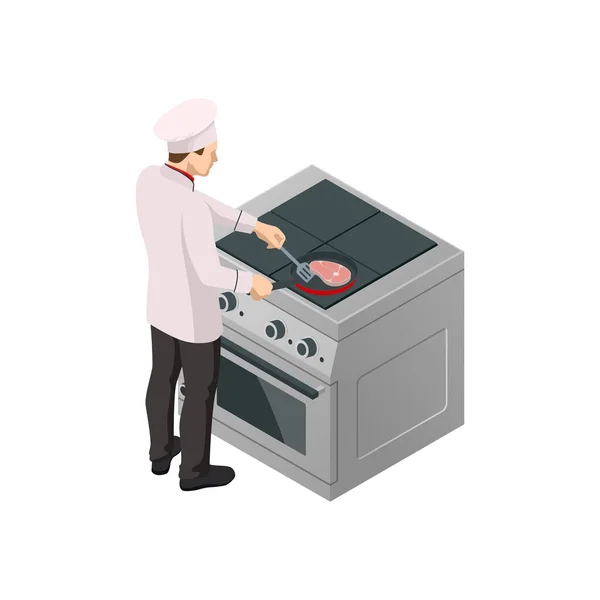 Chef masculino isométrico aislado en blanco. Chef en cocina uniforme en una cocina comercial. — Vector de stock