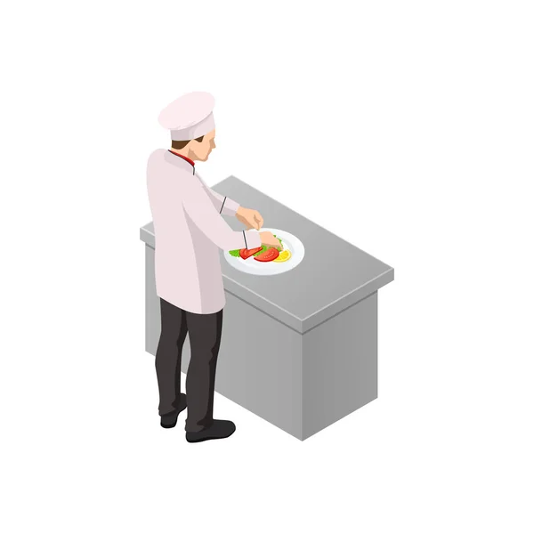 Chef masculino isométrico aislado en blanco. Chef en cocina uniforme en una cocina comercial. — Vector de stock