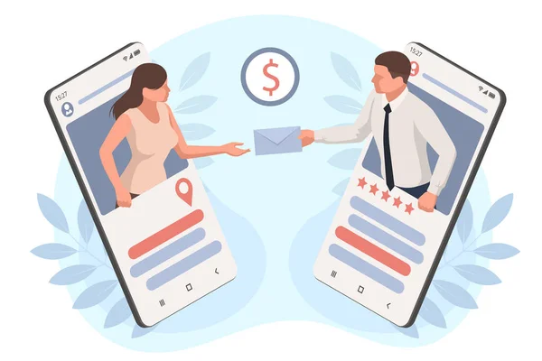 Isometriska mobilbetalningar med smartphone, säker mobilbetalning, penningöverföringstjänst, transaktion. Pengatransaktion online. — Stock vektor
