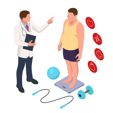 Aşırı kilolu bir hasta için doktor muayenesi. Sağlık riski, obezite. Doktorların tavsiyeleri. Spor..
