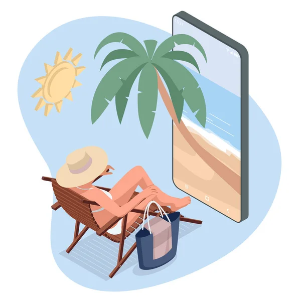 Det är sommarens fana. Sommar Lyx semester. Isometrisk vacker flicka i baddräkt sitter i en strandstol och tar en selfie på bakgrunden av havet — Stock vektor