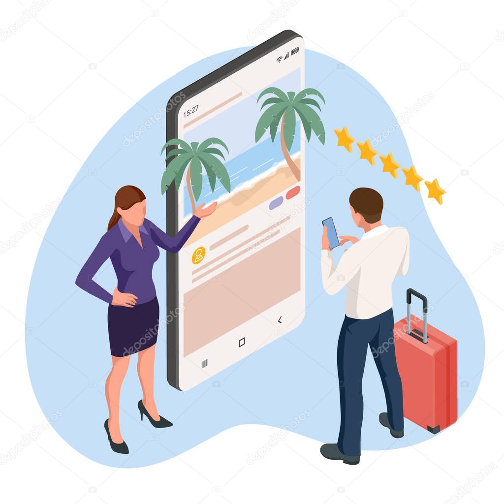 Isometric Travel and Tourism concept. Buying or booking online tickets. Travel, Business flights worldwide. Buying tickets online