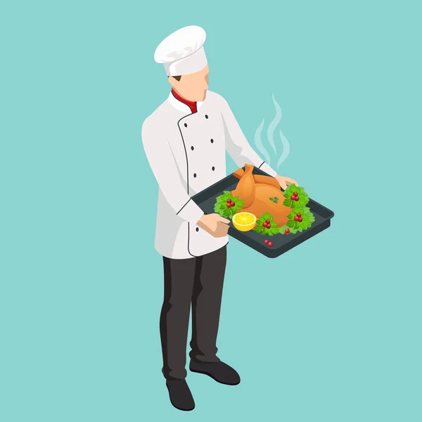 Un chef de restaurante cocina un pavo de Navidad. Ilustraciones isométricas de la cena de Acción de Gracias. Cena de Navidad. — Vector de stock