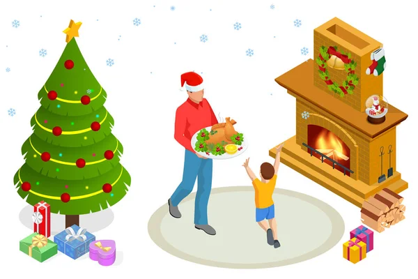 Padre de pie sosteniendo pavo asado con verduras en una bandeja. Pavo de Navidad. Ilustraciones isométricas de la cena de Acción de Gracias. Cena de Navidad. — Vector de stock