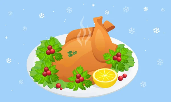 Placa isométrica con pavo asado sobre fondo blanco. Pavo de Navidad. Ilustraciones isométricas de la cena de Acción de Gracias. Cena de Navidad. — Vector de stock