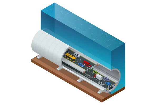 Isometrische onderwatertunnel voor het wegverkeer. Autotunnel onder de berg, Wegtunnel. — Stockvector