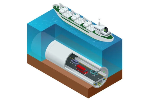 Izometrikus víz alatti alagút a közúti közlekedéshez. Autó alagút a hegy alatt, közúti alagút. — Stock Vector