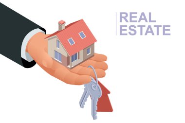 Ev modeli ve anahtarları olan bir emlakçı. Emlak almak, satmak veya kiralamak