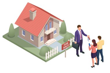 Ev modeli ve anahtarları olan bir emlakçı. Emlak almak, satmak veya kiralamak