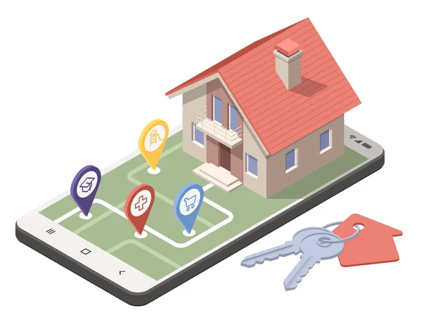 Ein Immobilienmakler bietet ein Haus zur Miete, zum Kauf oder zur Miete an. Online-Immobiliensuche. Isometrische Darstellung Kauf, Verkauf oder Vermietung von Immobilien — Stockvektor