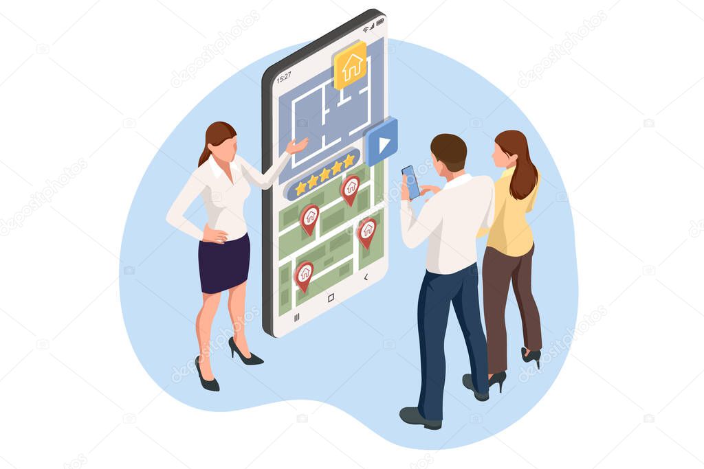 A real estate agent offers a home for rent, purchase or rent. Online real estate search. Isometric illustration Buying, selling or renting real estate