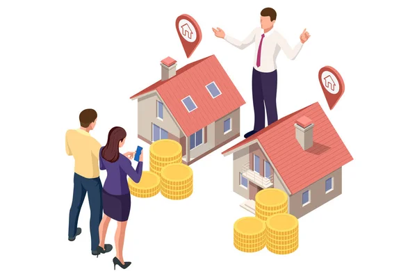 Изометрический агент по недвижимости с моделью дома и ключами. Покупка, продажа или аренда недвижимости — стоковый вектор