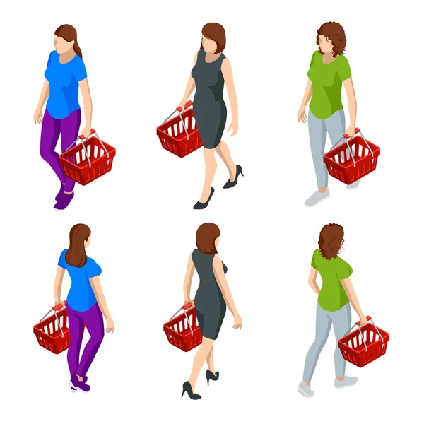 Žena s košíkem s potravinami vozík ze supermarketu na bílém izolovaném pozadí. Isometric nákupní košík s různými potravinářských výrobků Přední pohled. — Stockový vektor