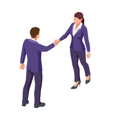 Isometric Business to Business Marketing, B2B Çözüm, iş pazarlama konsepti. İki iş ortağı el sıkışıyor..