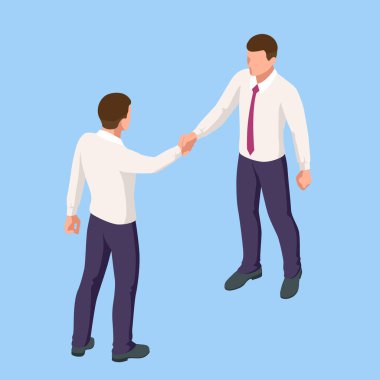 Isometric Business to Business Marketing, B2B Çözüm, iş pazarlama konsepti. İki iş ortağı el sıkışıyor..