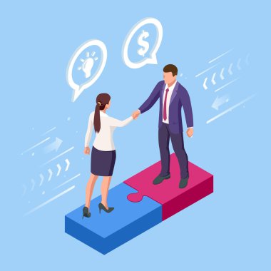 Isometric Business to Business Marketing, B2B Çözüm, iş pazarlama konsepti. İki iş ortağı el sıkışıyor..