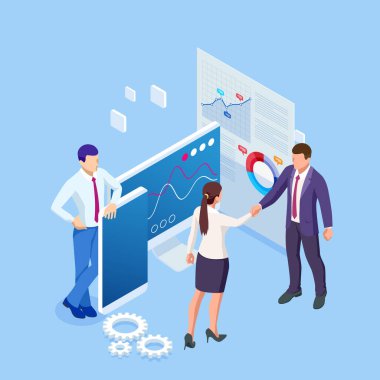 Isometric Business to Business Marketing, B2B Çözüm, iş pazarlama konsepti. İki iş ortağı el sıkışıyor..