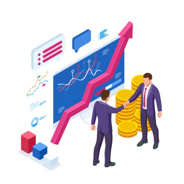 Isometric Business to Business Marketing, B2B Çözüm, iş pazarlama konsepti. İki iş ortağı el sıkışıyor..