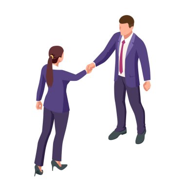 Isometric Business to Business Marketing, B2B Çözüm, iş pazarlama konsepti. İki iş ortağı el sıkışıyor..