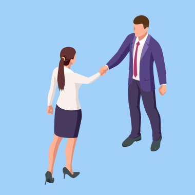 Isometric Business to Business Marketing, B2B Çözüm, iş pazarlama konsepti. İki iş ortağı el sıkışıyor..