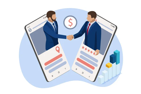 Isométrico Business to Business Marketing, Solución B2B, concepto de marketing empresarial. Dos socios comerciales estrechando la mano. — Vector de stock