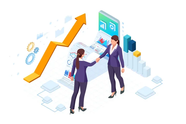 Isometric Business to Business Marketing, Solução B2B, conceito de marketing de negócios. Dois parceiros de negócios apertando as mãos. — Vetor de Stock