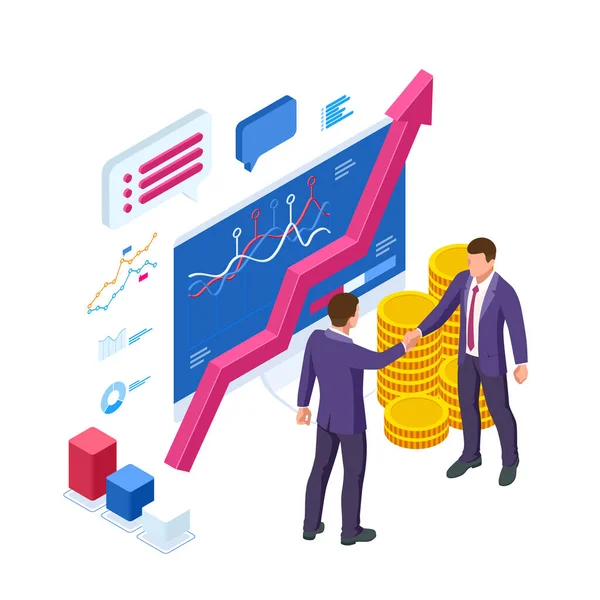 Isometric Business to Business Marketing, B2B Solution, business marketing concept. Dva obchodní partneři si potřásají rukama. — Stockový vektor