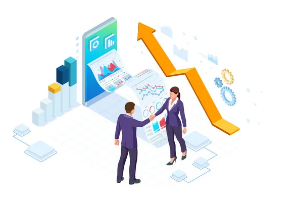 Isometric Business to Business Marketing, B2B Solution, business marketing concept. Dva obchodní partneři si potřásají rukama. — Stockový vektor