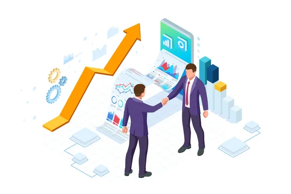 Isometric Business to Business Marketing, Solução B2B, conceito de marketing de negócios. Dois parceiros de negócios apertando as mãos. — Vetor de Stock