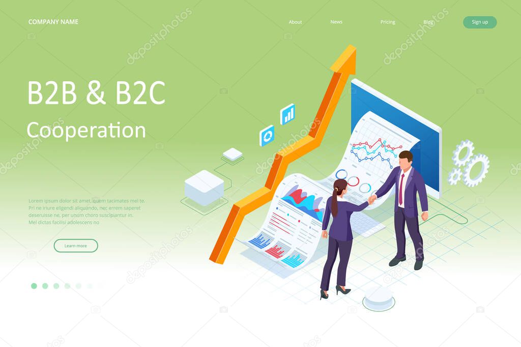 Isometric Business to Business Marketing, B2B Solution, business marketing concept. Two business partners shaking hands.
