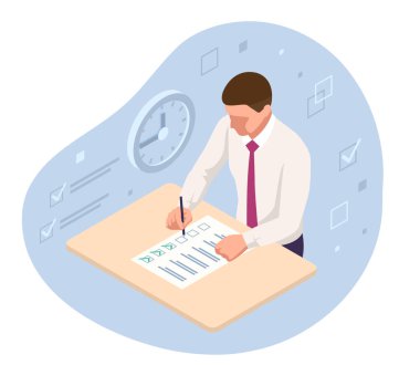 Cevap kağıdını kalemle doldurmak için cevapları öğrenci dolduruyor. Isometrc Sınav sonuçları lisede, üniversite sınavında, işletme okulunda.