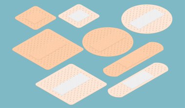 Isometric medikal bakteriyel alçı. Tıbbi sıvalar beyaz arkaplanda izole edilmiş.