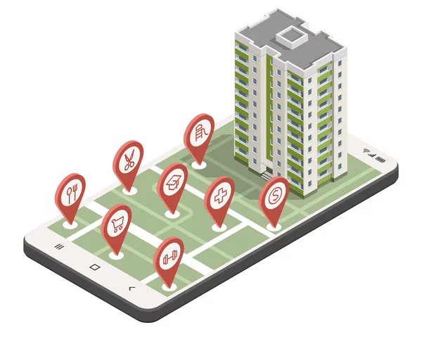 Seorang agen real estate menawarkan rumah untuk disewa, dibeli atau disewa. Pencarian real estate online. Isometric illustration Membeli, menjual atau menyewa real estate - Stok Vektor