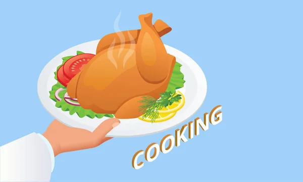 A restaurant chef cooks a turkey. Dinner isometric illustrations. — Stock Vector