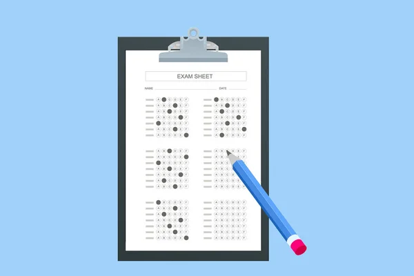 De student vult de antwoorden op de tentamentest in met een potlood. School en onderwijs. Testscoresheet met antwoorden — Stockvector