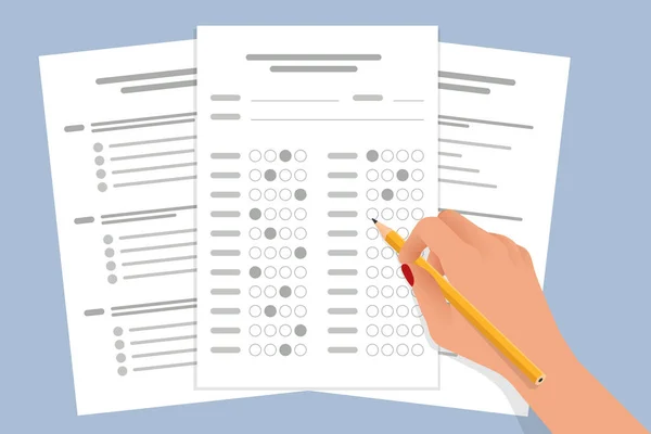 De student vult de antwoorden op de tentamentest in met een potlood. School en onderwijs. Testscoresheet met antwoorden — Stockvector