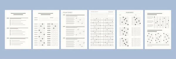 Plat différentes versions de tests sur papier. École et éducation. Feuille de résultats avec réponses — Image vectorielle