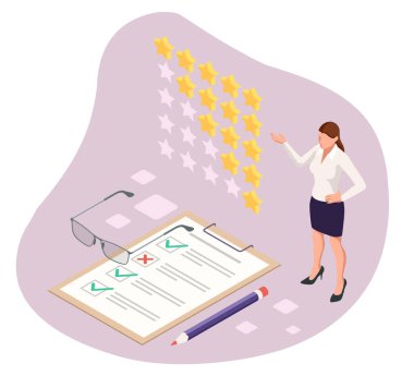 Isometric geribildirim, gözden geçirme, değerlendirme, referans mesajı konsepti, bildirim, geri bildirim, 5 yıldızlı derecelendirme simgesi.