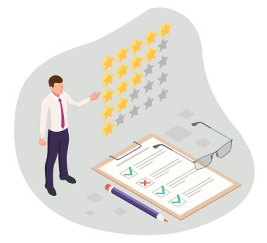 Isometric geribildirim, gözden geçirme, değerlendirme, referans mesajı konsepti, bildirim, geri bildirim, 5 yıldızlı derecelendirme simgesi.