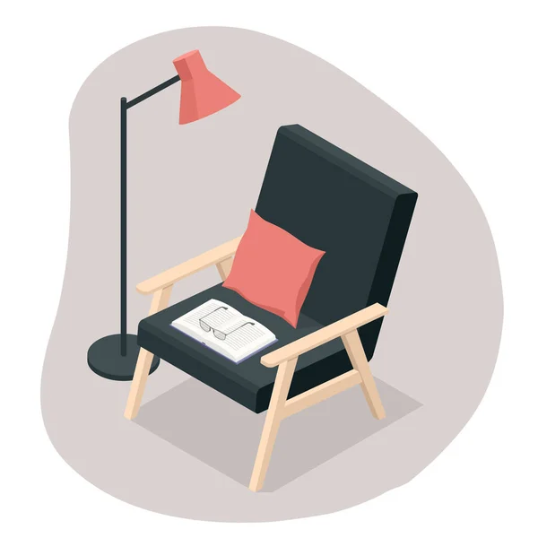 Izometryczny, wygodny, czarny, drewniany fotel z książką i lampą na białym tle. Plakat wewnętrzny. — Wektor stockowy