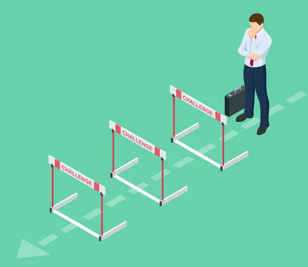 Isometric businessman thinks over how to overcome obstacles on the way to business success. Hurdle on way concept. Overcome obstacles. Business competition. — Stock Vector