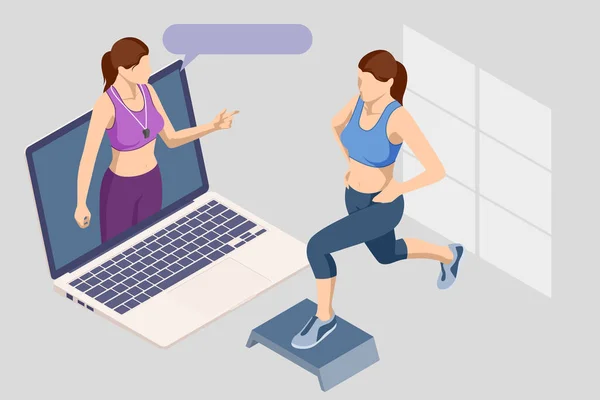 Femme isométrique faisant des exercices de fitness et de yoga. Concept de fitness et d'entraînement en ligne. — Image vectorielle