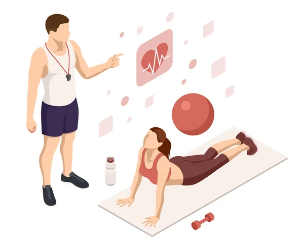Izometrikus nő fitnesz és jóga gyakorlatokat végez. Online fitness és képzési koncepció. — Stock Vector