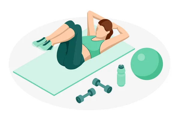 Izometrikus nő fitnesz és jóga gyakorlatokat végez. Online fitness és képzési koncepció. — Stock Vector