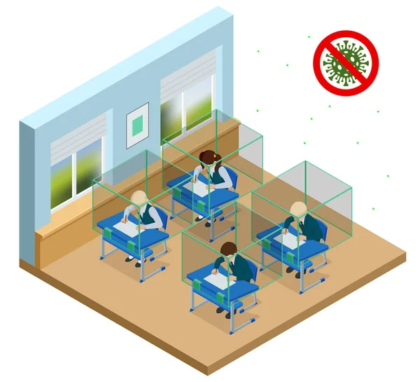 Isometrische Kinder in der Schule sitzen am Schreibtisch und schreiben. Schule und Bildung. — Stockvektor