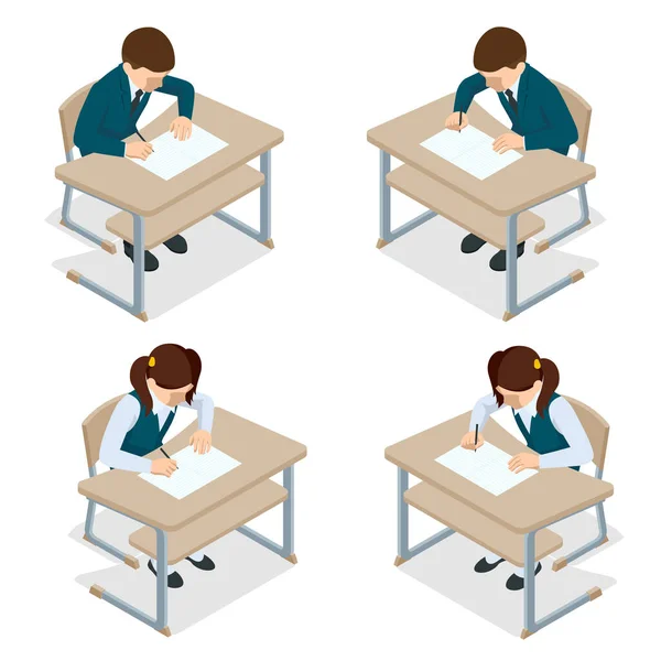 Crianças isométricas na escola sentam-se em suas mesas e escrevem. Escolaridade e Educação. — Vetor de Stock