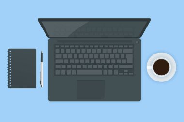 Dizüstü bilgisayar gerçekçi illüstrasyonu beyaz arkaplan görünümünde izole edildi. Gerçekçi vektör modeli. Beyaz arkaplanda ofis masaüstü