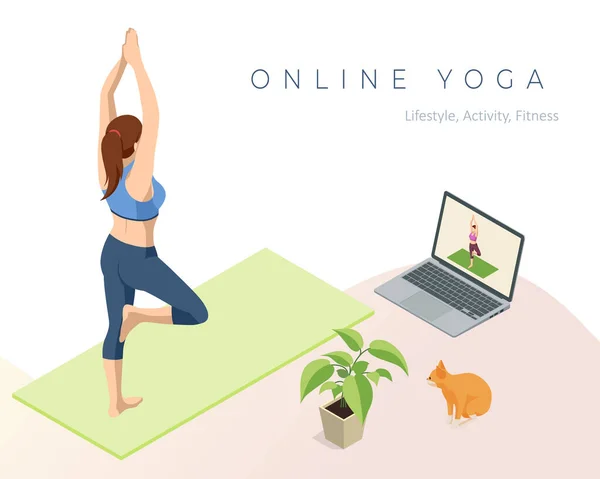 Izometrikus sportos fiatal nő jógázik. Fitness oktató online jóga órákat vesz egy laptop videóhívás közben. Egészséges életmód. — Stock Vector