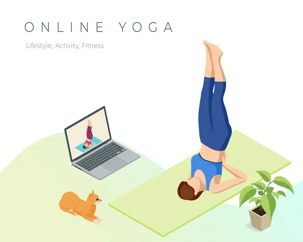 Izometrikus sportos fiatal nő jógázik. Fitness oktató online jóga órákat vesz egy laptop videóhívás közben. Egészséges életmód. — Stock Vector