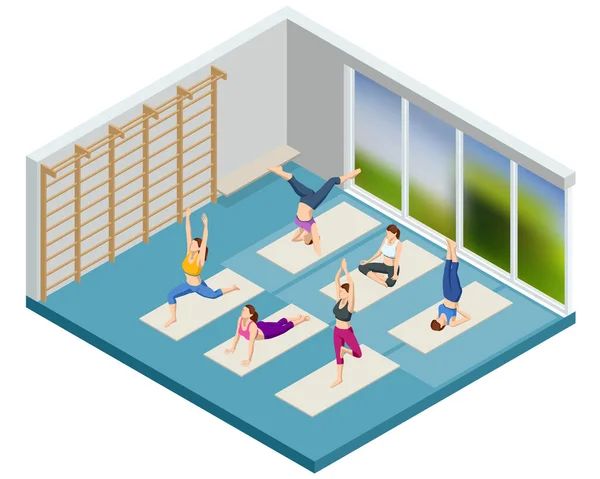 Izometrikus sportos fiatal nők jógáznak. Jóga Gyakorló Gyakorló Osztály. Fitness oktató online jóga órákat vesz egy laptop videóhívás közben. Egészséges életmód. — Stock Vector